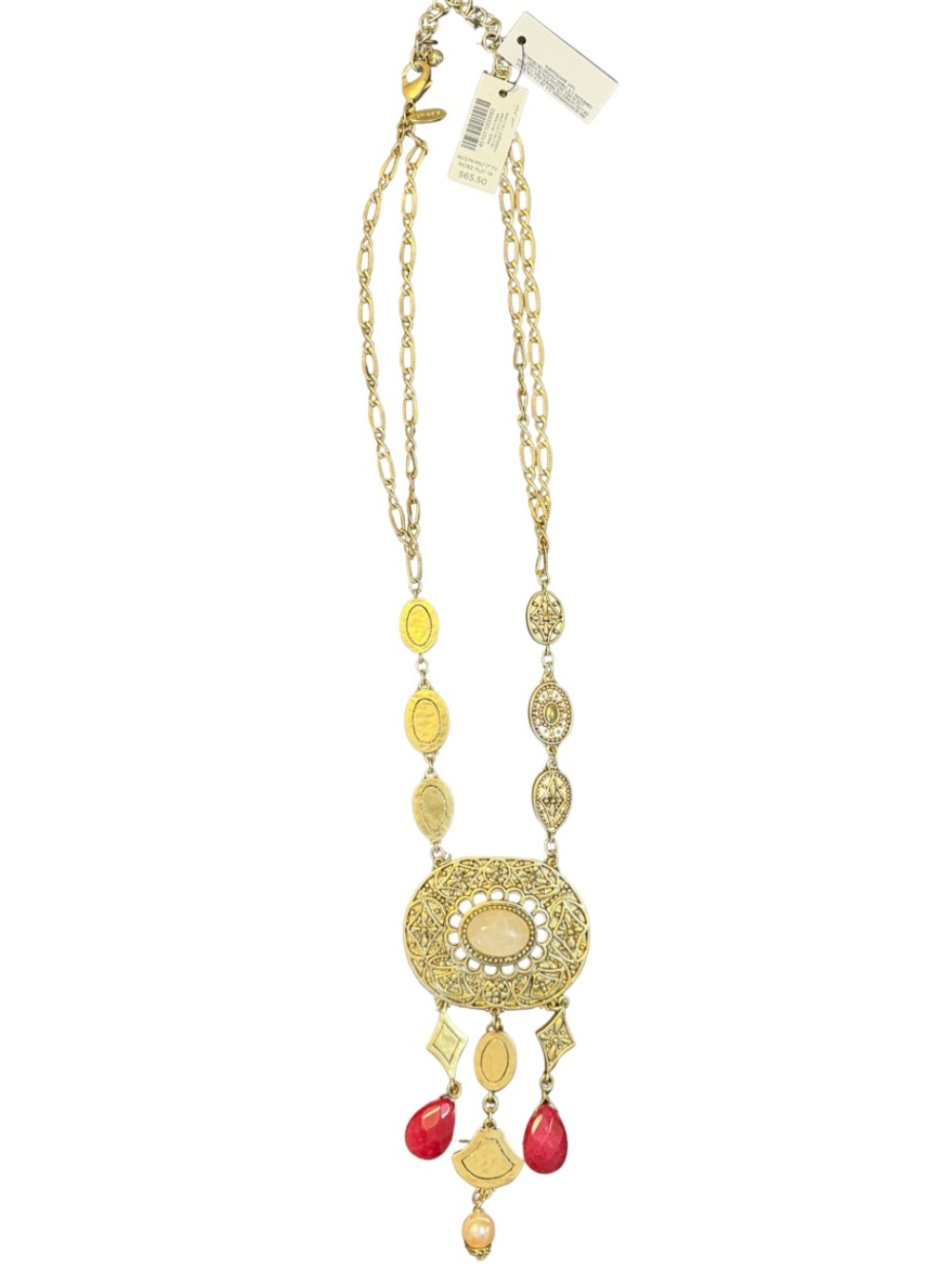 NWT Chico’s Pink Merlot Medallion Statement Necklace Gold Tone